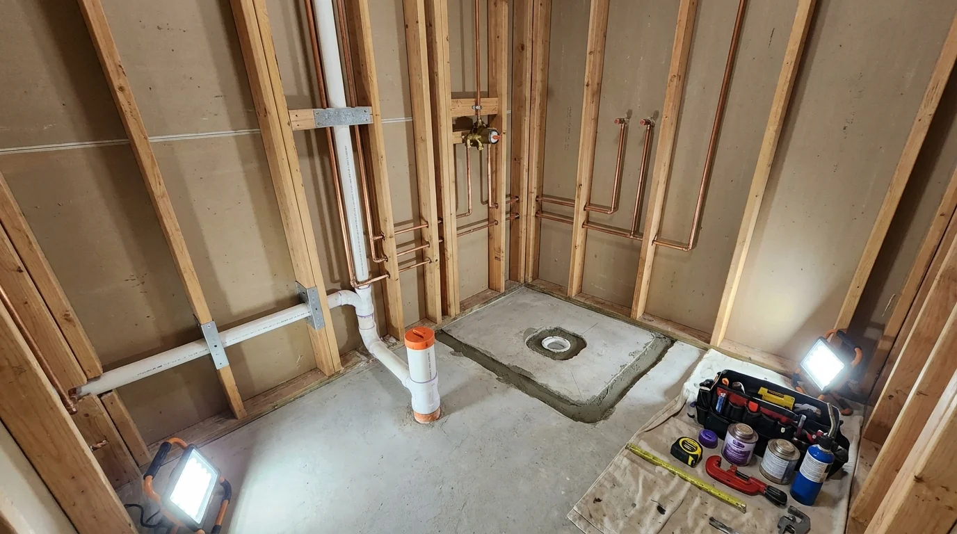 Bathroom rough-in plumbing during remodel by Johns Plumbing LLC in Phil Campbell