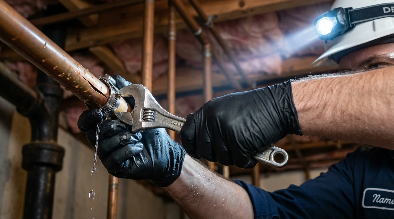 Emergency pipe clamp repair being performed by a Johns Plumbing LLC plumber in Phil Campbell