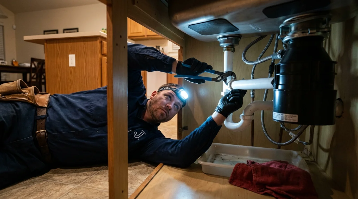 P-trap and supply line connections under a kitchen sink showing a common leak point in Phil Campbell, AL